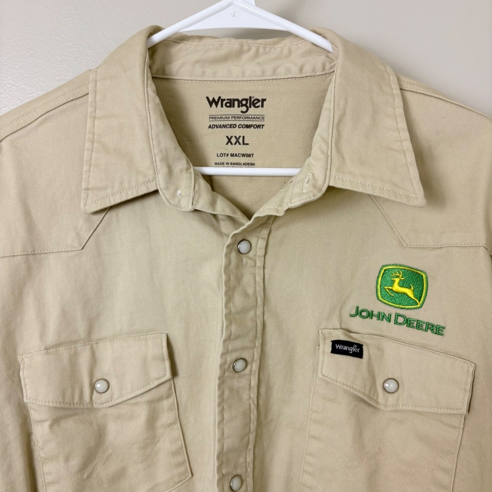 Wrangler John Deere Shirt Mens XXL Tan Pearl Snap Western Long Sleeve Farm Rodeo
